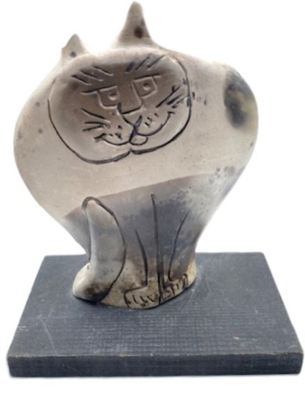 Handmade Ceramic "Super" Cat Sculpture on a low wooden base